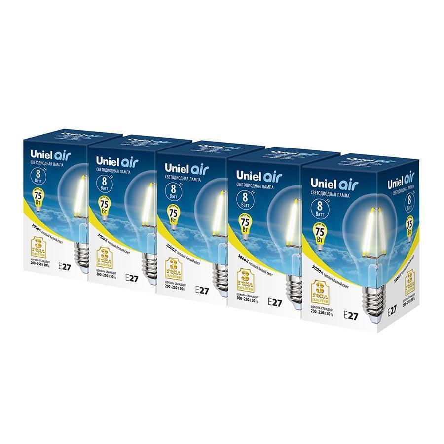 

Набор светодиодных ламп филаментная Uniel E27 8W 3000K прозрачная LED-A60-8W/WW/E27/CL GLA01TR UL-00008080, LED-A60-8W/WW/E27/CL GLA01TR Набор из 5штук