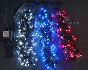 Светодиодная гирлянда Rich LED 3 Нити по 20 м, 600 LED, 24 В, триколор, мерцающая, черный провод, RL-S3*20F-B/WBR, цвет чёрный