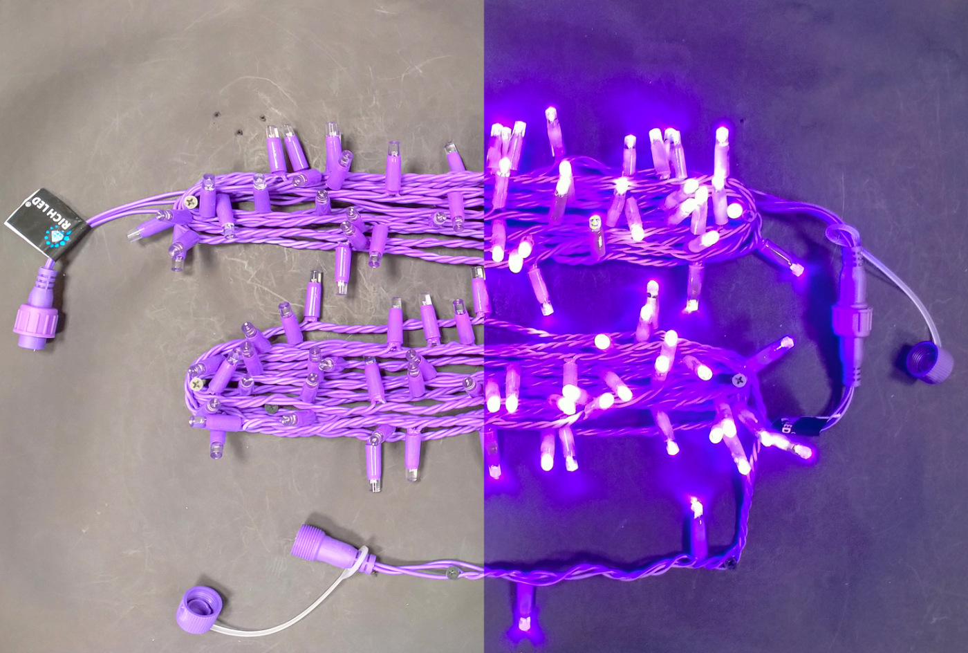 

Светодиодная гирлянда Rich LED 10 м, 100 LED, 220 В, соединяемая, влагозащитный колпачок, двойная изоляция, фиолетовая, фиолетовый провод RL-S10C-220V-C2V/V, RL-S10C-220V-C2V/V
