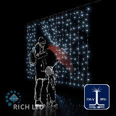 Светодиодная занавеса 300 LED, 18 Ватт, IP54, для улицы и помещения, провод Прозрачный, Свечение: мерцание, RL-CS2*1.5F-T/W