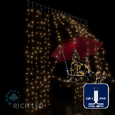 Светодиодный занавес (дождь) Rich LED 2*2 м, влагозащитный колпачок, теплый белый, белый провод, RL-C2*2-CW/WW
