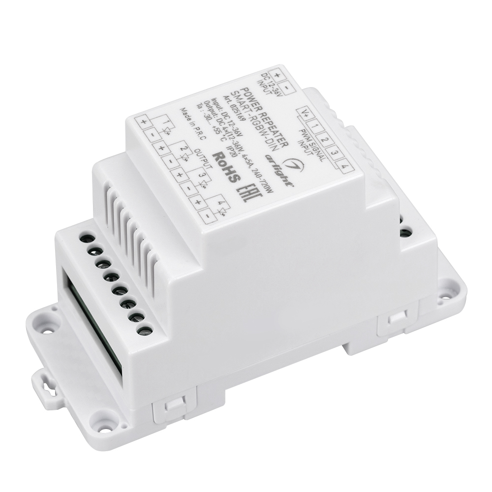 Усилитель SMART-RGBW-DIN (12-36V, 4x5A) (Arlight, IP20 Пластик, 5 лет) усилитель rgb 12 24 в 288 вт 5 а на канал до 20 м ленты ip33
