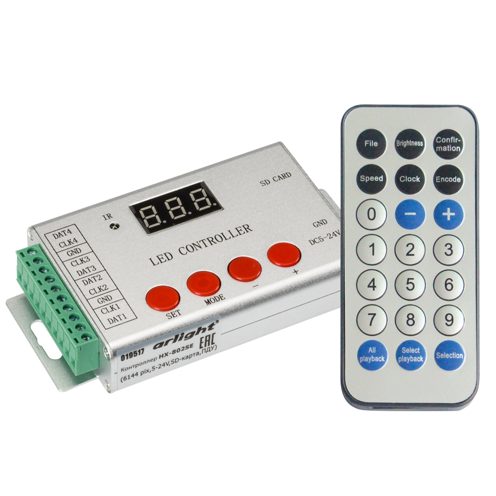 Контроллер HX-802SE-2 (6144 pix, 5-24V, SD-карта, ПДУ) (Arlight, -) контроллер hx 805 2048 pix 5 24v sd карта пду arlight