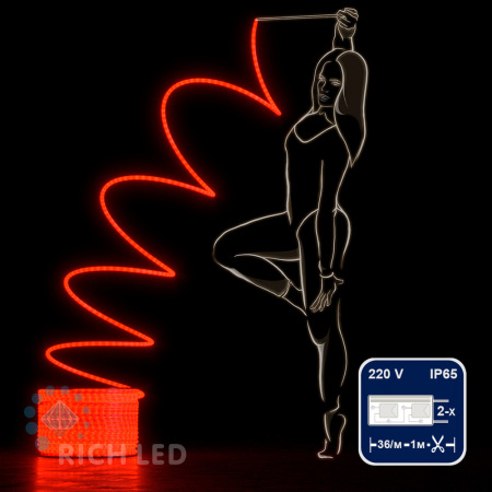 Светодиодный дюралайт Rich LED, 2-х проводной, матовый, красный, кратность резки 1 метр, диаметр 13 мм, 220 В,100 м. RL-DL-2WHM-100-240-R