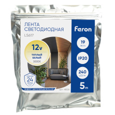 Светодиодная LED лента Feron LS617, 240SMD(2835)/м 19Вт/м 12V 5000*10*1.22мм 3000К, IP20, 48826