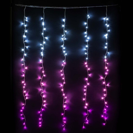 Гирлянда Занавес с Эффектом Бегущий Огонь 2 x 1,6 м Бело-Розовый 24В, 150 LED, Провод Прозрачный Силикон, IP65