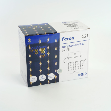 Светодиодная гирлянда Feron CL25 занавес Звездочки 2*1м + 3м 230V 5000K, статичная