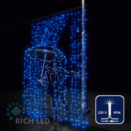 Светодиодный занавес (дождь) Rich LED 2*3 м, синий, мерцающий, прозрачный провод, RL-C2*3F-T/B