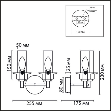 6555/2W CLASSI LN25 черный/дымчатый/металл/стекло Бра E14 2*40W 220V MADONNA