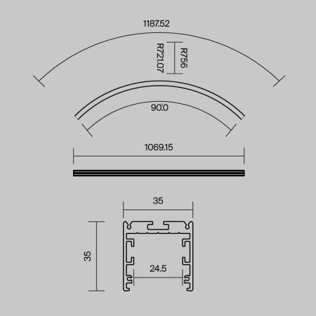 Радиусный профиль 35x35 Ø1500мм внутренний 1/4 круга черный, ALM-3535R-B-IN-90°-1.5M