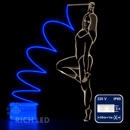 Светодиодный дюралайт Rich LED, 2-х проводной, матовый, синий, кратность резки 1 метр, диаметр 13 мм, 220 В, 100 м, RL-DL-2WHM-100-240-B