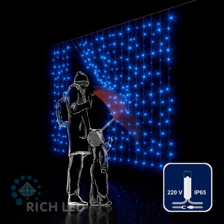 Светодиодный занавес (дождь) Rich LED 2*1.5 м облегченный, влагозащитный колпачок, синий, прозрачный провод, RL-CS2*1.5-CT/B