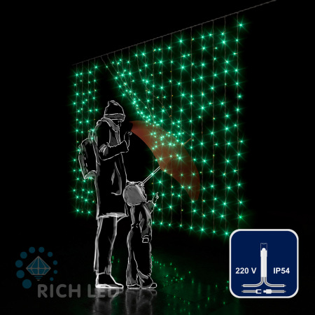 Светодиодная занавеса 300 LED, 16 Ватт, IP54, для улицы и помещения, провод Прозрачный, Свечение: постоянное, RL-CS2*1.5-T/G