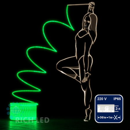 Светодиодный дюралайт Rich LED, 2-х проводной, матовый, зеленый, кратность резки 1 метр, диаметр 13 мм, 220 В,100 м. RL-DL-2WHM-100-240-G
