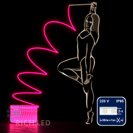 Светодиодный дюралайт Rich LED, 2-х проводной, матовый, розовый, кратность резки 1 метр, диаметр 13 мм, 220 В,100 м. RL-DL-2WHM-100-240-P