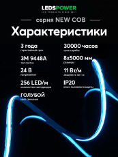 Светодиодная лента NEW COB 256/м (11Вт/м) 24В голубая 006352