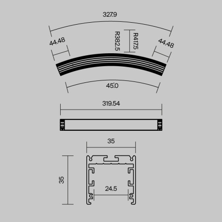Радиусный профиль 35x35 Ø800мм 1/8 круга черный, ALM-3535R-B-D-45°-0.8M