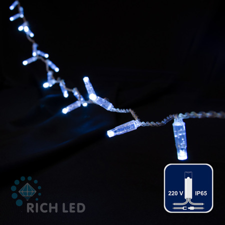 Светодиодная гирлянда Rich LED 5 м, 72 LED, 220 В, не соединяемая, влагозащитный колпачок, белая, прозрачный провод, RL-S5N-72L-220V-CT/W
