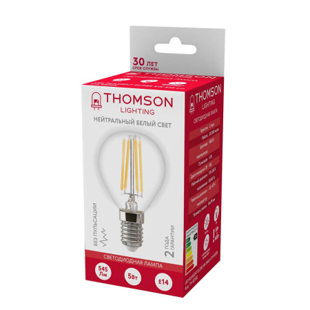 Лампа светодиодная филаментная Thomson E14 5W 4500K шар прозрачная TH-B2082