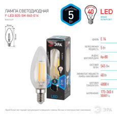 Лампа светодиодная филаментная ЭРА E14 5W 4000K прозрачная F-LED B35-5W-840-E14 Б0043449