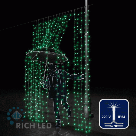 Светодиодный занавес (дождь) Rich LED 2*3 м, зеленый, мерцающий, прозрачный провод, RL-C2*3F-T/G