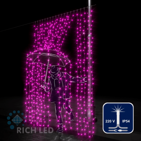 Светодиодная занавеса 600 LED, 52 Ватт, IP54, для улицы и помещения, провод Прозрачный, Свечение: мерцание, RL-C2*3F-T/P