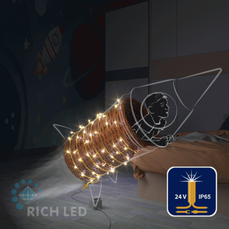 Светодиодная гирлянда Rich LED 10 м, 100 LED, 24В, соединяемая, влагозащитный колпачок, теплая белая, мерцающая, золотой провод, RL-S10CF-24V-CGd/WW