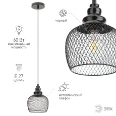 Светильник подвесной (подвес) ЭРА PL8 BK металл, E27, max 60W, высота плафона 220мм, подвеса 760мм, черный