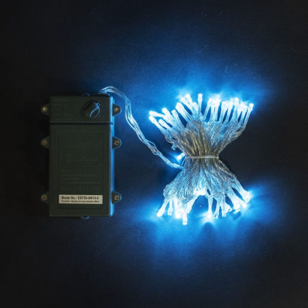 Гирлянда Нить на Батарейках 10м Небесно-Голубая, 100 LED, Провод Прозрачный Силикон, IP65