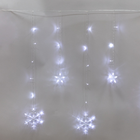 Гирлянда Бахрома со снежинками 2,4х0,9м, 150LED БЕЛЫЙ, прозрачный ПВХ, IP20, свечение с динамикой, 230В, не соединяется, с контроллером 8 режимов