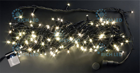 Светодиодная гирлянда 200 LED, IP54, для улицы и помещения, провод черный, Свечение: 8 режимов, RL-T20C2-B/WW