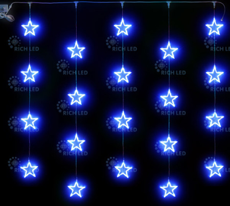 Светодиодный узорный занавес звезды Rich LED, размер 2*2 м, синий, прозрачный провод, 20 звезд, соединяемый, 220 В, RL-CMST2*2-T/B
