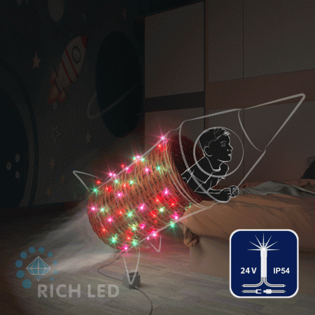 Светодиодная гирлянда Rich LED 10 м, 100 LED, 24 В, соединяемая, RGP, мерцающая, прозрачный провод RL-S10CF-24V-T/RGP