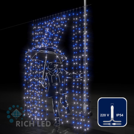 Светодиодная занавеса 600 LED, 58 Ватт, IP54, для улицы и помещения, провод Прозрачный, Свечение: постоянное, RL-C2*3-T/BW
