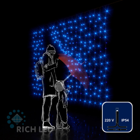 Светодиодная занавеса 300 LED, 16 Ватт, IP54, для улицы и помещения, провод черный, Свечение: постоянное, RL-CS2*1.5-B/B