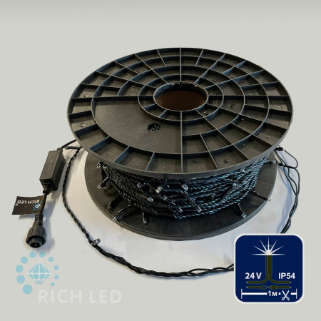 Светодиодная гирлянда Rich LED 100 м в бобине, 500 LED, 24 В, тепло белая, полный флэш, черн/зел провод, резка 5 LED, RL-S100FF-24V-BG/WW