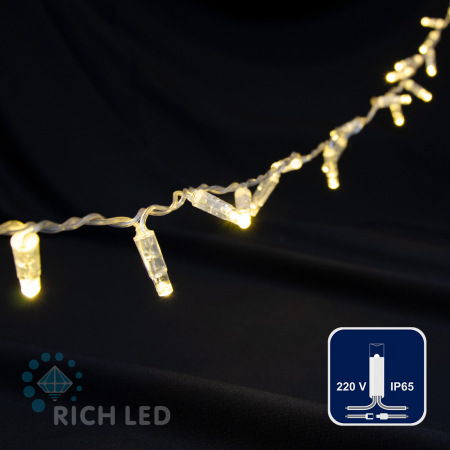 Светодиодная гирлянда Rich LED 5 м, 72 LED, 220 В, не соединяемая, влагозащитный колпачок, тепло белая, прозрачный провод, RL-S5N-72L-220V-CT/WW