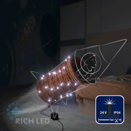 Светодиодная гирлянда Rich LED 100 м в бобине, 500 LED, 24 В, белая, полный флэш, черн/зел провод, резка 5 LED, RL-S100FF-24V-BG/W