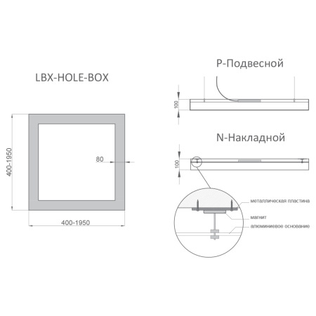 Светильник RVE-LBX-HOLE-BOX-400 квадрат с отв. 400x400x100мм
