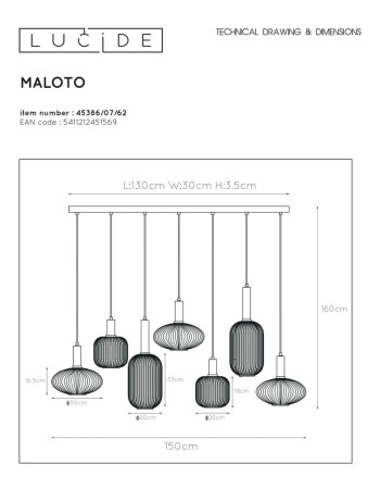 Подвесная люстра Lucide Maloto 45386/07/62