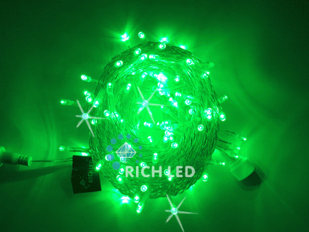 Светодиодная гирлянда Rich LED 10 м, 100 LED, 24 В, соединяемая, зеленая, мерцающая, прозрачный провод RL-S10CF-24V-T/G
