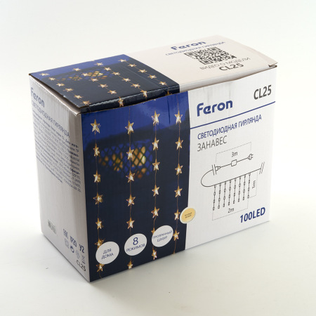 Светодиодная гирлянда Feron CL25 занавес Звездочки 2*1м + 3м 230V 2700K, статичная
