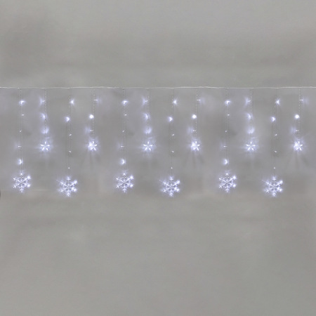 Гирлянда Бахрома со снежинками 2,4х0,9м, 150LED БЕЛЫЙ, прозрачный ПВХ, IP20, свечение с динамикой, 230В, не соединяется, с контроллером 8 режимов