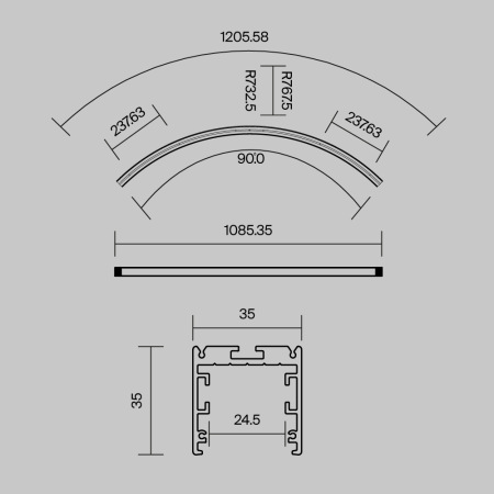 Радиусный профиль 35x35 Ø1500мм 1/4 круга черный, ALM-3535R-B-D-90°-1.5M
