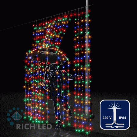 Светодиодный занавес (дождь) Rich LED 2*3 м, мультицвет, мерцающий, прозрачный провод, RL-C2*3F-T/M